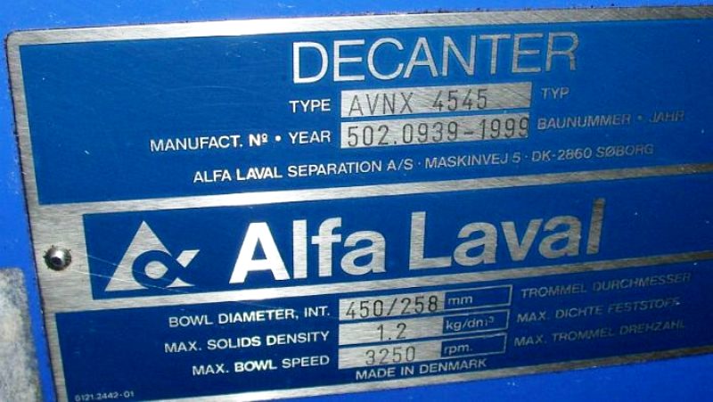(2) Alfa-Laval AVNX 4545 decanter centrifuges, 316SS.