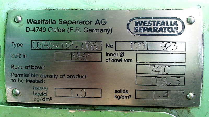 (2) Westfalia OSA 5-02-066 lube oil purifiers, SS.