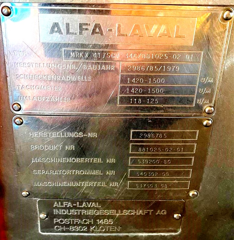 Alfa-Laval MRKX 417 SGV-34C quark clarifier, 316SS.