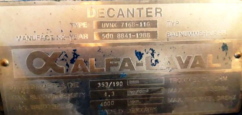 Alfa-Laval UVNX 716B-11G tricanter centrifuge, 316SS.