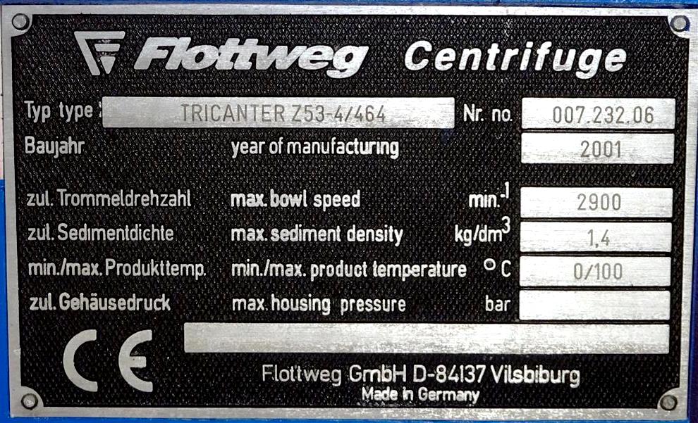 Flottweg Z53-4/464 tricanter centrifuge, 316SS.