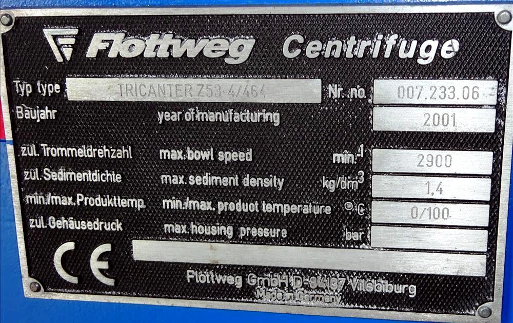 Flottweg Z53-4/464 tricanter centrifuge, 316SS.