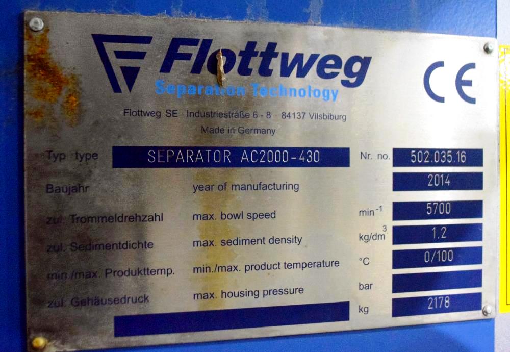 Flottweg AC 2000-430 vegetable oil clarifier, 316SS.