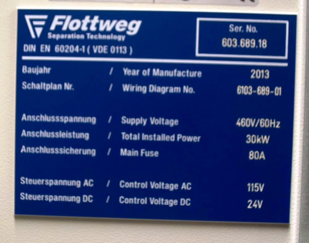 Flottweg AC 2000-430 vegetable oil clarifier, 316SS.