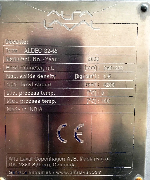 Alfa-Laval ALDEC G2-45 decanter centrifuge module, 316SS.