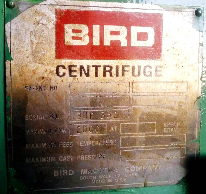 Bird M-400-2 pusher centrifuge, 316L SS.